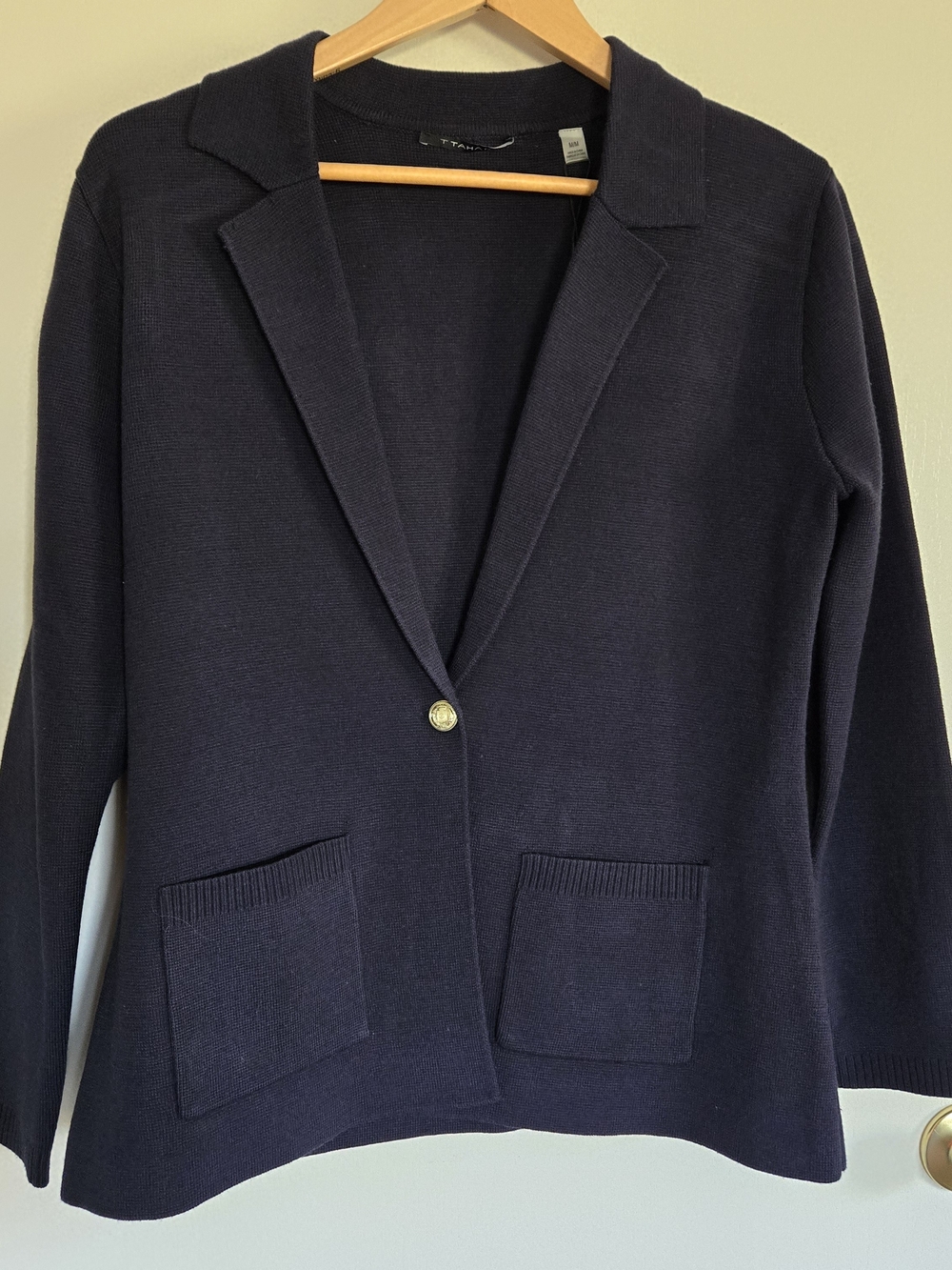 Tahari Navy Knit Single Button Blazer Jacket - Women's M Tailored Cardigan